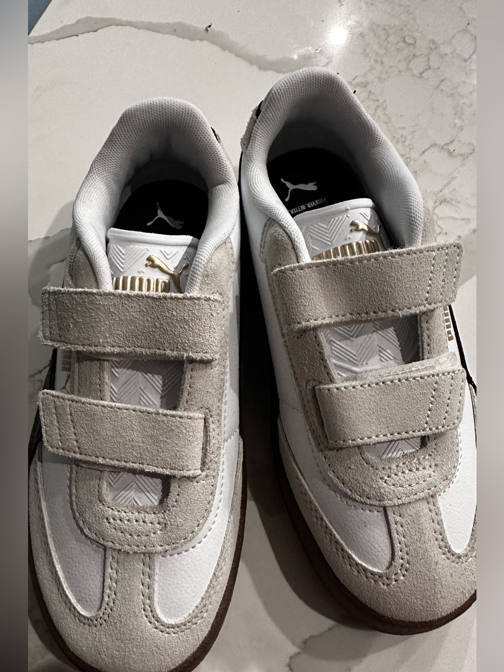 Puma Kids White & Light Gray Velcro Sneakers with Gold Logo